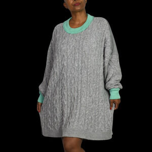Free People Olympia Tunic Sweater Pullover Grey Mint Cable Knit Oversized Medium